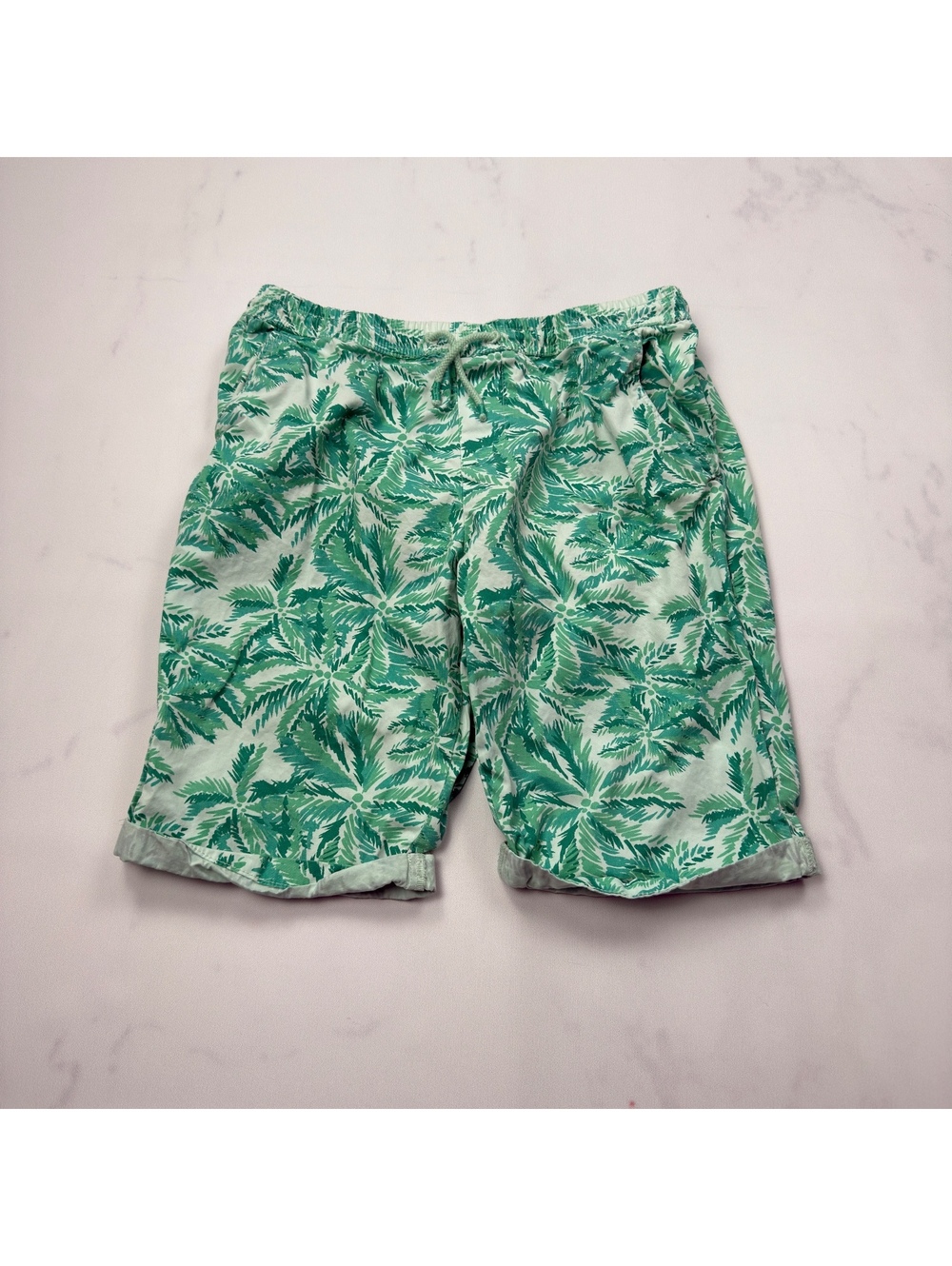 Mango Kids Green Leaf Print Shorts Drawstring Waist - Boys 13/14